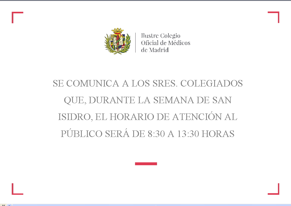 El horario de atención a los colegiados será en la semana de San Isidro de 8:30 a 13:30 horas
