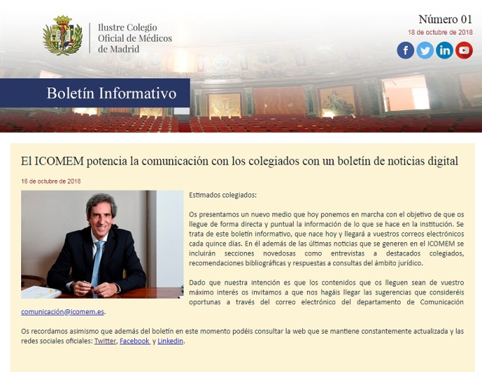 El ICOMEM potencia la comunicación con los colegiados con un nuevo boletín informativo