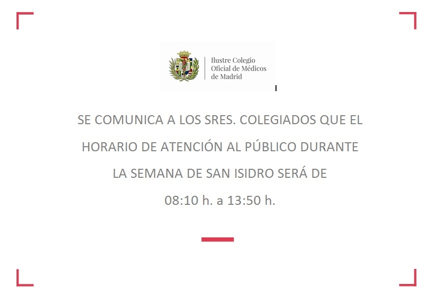 El horario de atención a los colegiados será en la semana de San Isidro de 8:10 a 13:50 horas