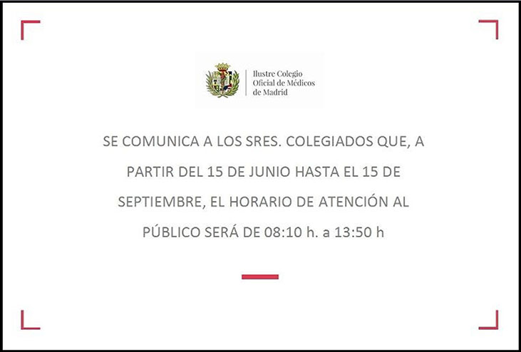 El horario de atención a los colegiados desde el 15 de junio y hasta el 15 de septiembre será de 8:10 a 13:50 horas